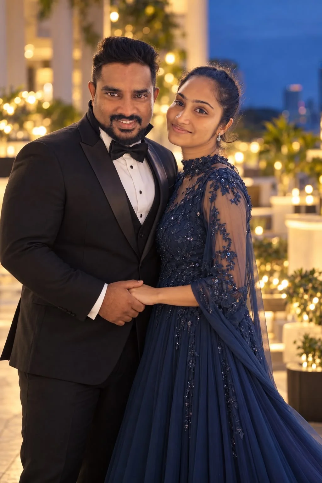 The couple together in evening formalwear, all heads visible